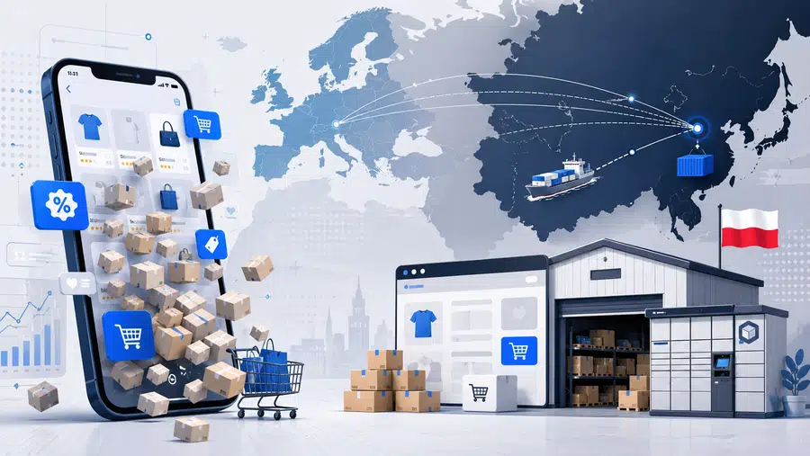 Ilustracja przedstawiająca smartfon z tanimi zakupami online, paczki z Chin i polski sklep internetowy symbolizujący konkurencję Temu i Shein z lokalnym e-commerce.