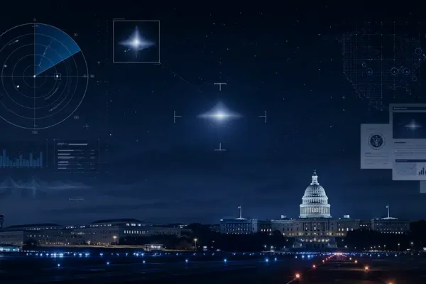 Ilustracja przedstawiająca analizę niezidentyfikowanego obiektu na nocnym niebie w kontekście raportów rządu USA o UAP.