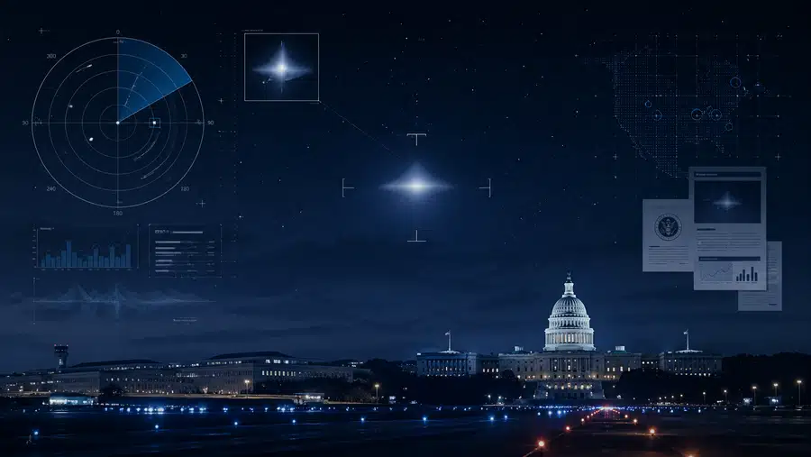 Ilustracja przedstawiająca analizę niezidentyfikowanego obiektu na nocnym niebie w kontekście raportów rządu USA o UAP.