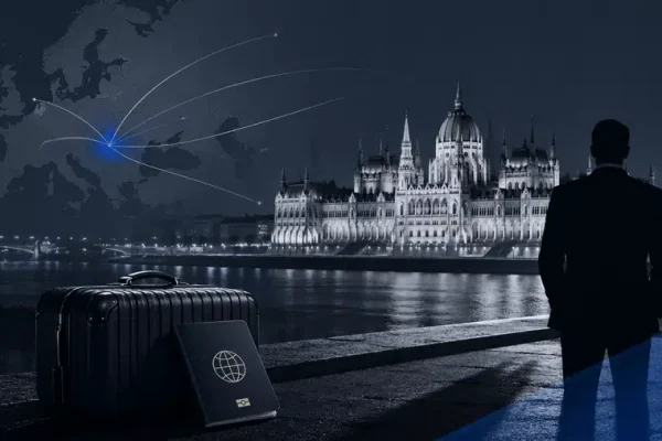 Symboliczna ilustracja Budapesztu jako politycznej przystani: walizka, paszport i cień postaci na tle parlamentu nad Dunajem.