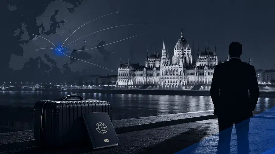 Symboliczna ilustracja Budapesztu jako politycznej przystani: walizka, paszport i cień postaci na tle parlamentu nad Dunajem.
