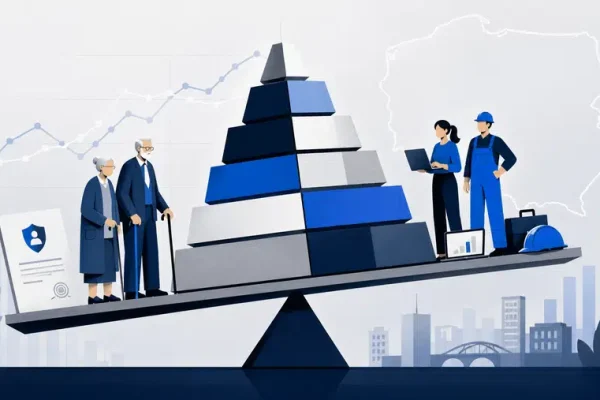 Ilustracja przedstawiająca starzejące się społeczeństwo, pracowników i wykres demograficzny jako symbol pytania o przyszłość emerytur w Polsce.