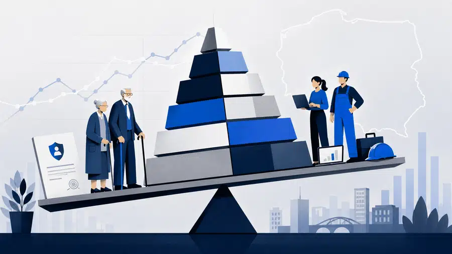 Ilustracja przedstawiająca starzejące się społeczeństwo, pracowników i wykres demograficzny jako symbol pytania o przyszłość emerytur w Polsce.