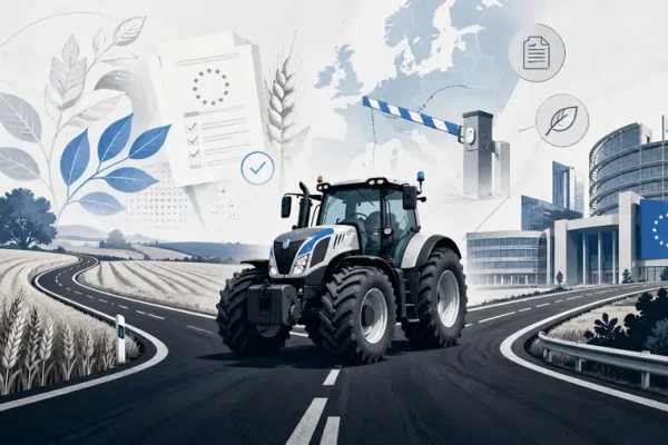 Ilustracja przedstawiająca traktor na tle pól, dokumentów unijnych i symbolicznej granicy handlowej, nawiązująca do protestów rolników przeciw Zielonemu Ładowi.