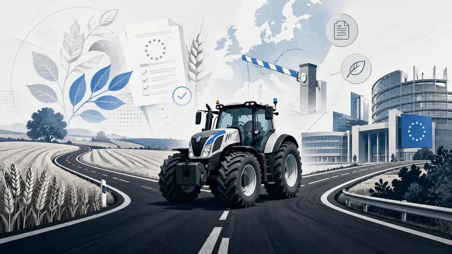 Ilustracja przedstawiająca traktor na tle pól, dokumentów unijnych i symbolicznej granicy handlowej, nawiązująca do protestów rolników przeciw Zielonemu Ładowi.