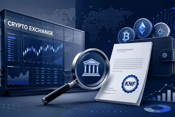 Ilustracja symbolizująca giełdę kryptowalut, nadzór finansowy, cyfrowe portfele i dokumenty regulacyjne KNF.