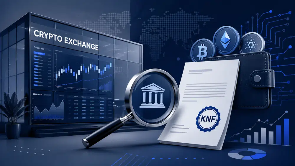 Ilustracja symbolizująca giełdę kryptowalut, nadzór finansowy, cyfrowe portfele i dokumenty regulacyjne KNF.